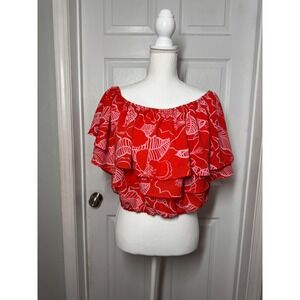Sugarlips Floral Ruffle Off Shoulder Crop Top L Red Pink Excellent